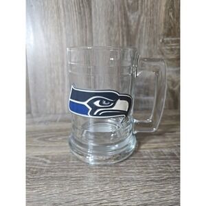 Vintage Seattle Seahawks Enamel Pewter Logo Heavy Glass Beer Mug Cup 12oz‎